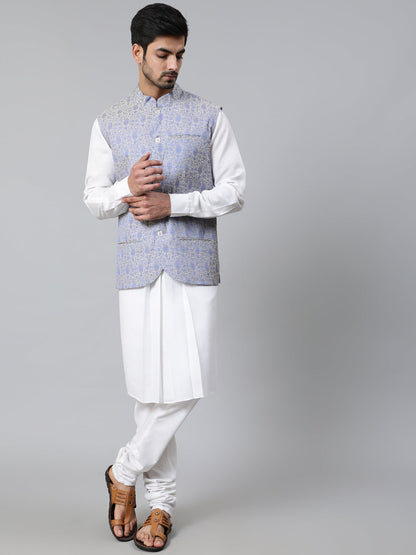 Men's White Kurta Churidar With Nehru Jacket