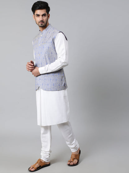 Men's White Kurta Churidar With Nehru Jacket