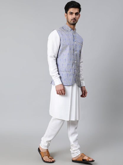 Men's White Kurta Churidar With Nehru Jacket