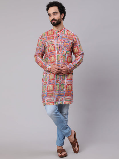 Men's Red Green Geometric Print Kurta