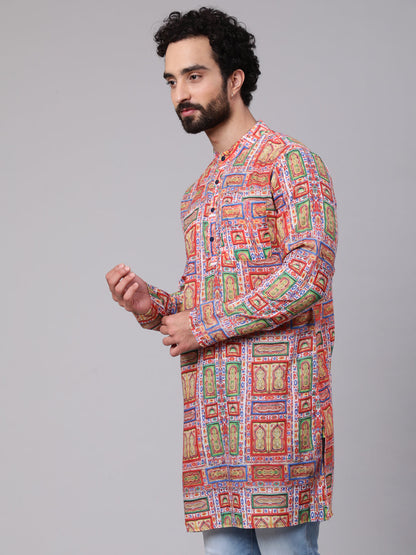 Men's Red Green Geometric Print Kurta