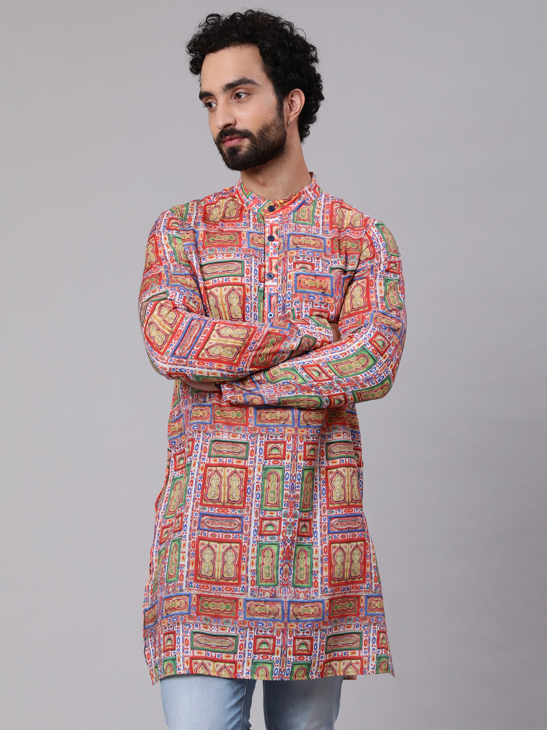 Men's Red Green Geometric Print Kurta