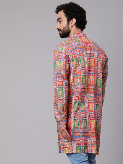 Men's Red Green Geometric Print Kurta