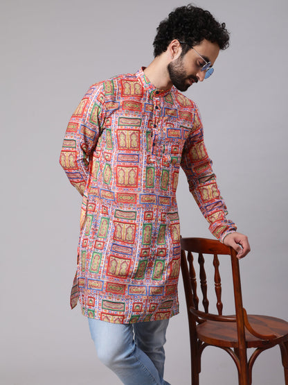 Men's Red Green Geometric Print Kurta