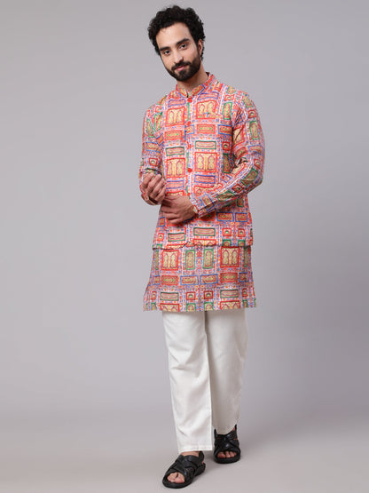 Men's Red Green Digital Print Nehru Jacket