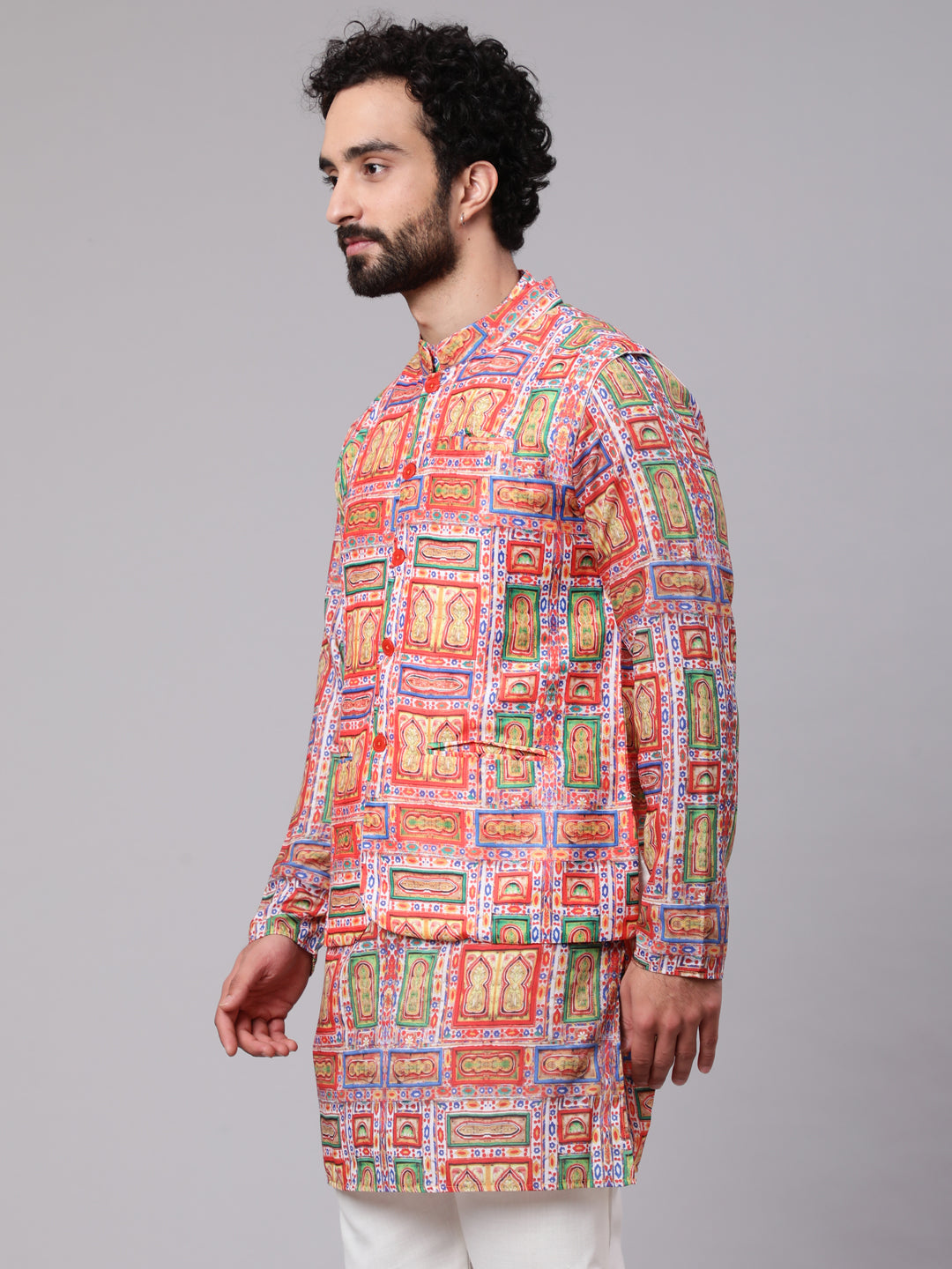 Men's Red Green Digital Print Nehru Jacket