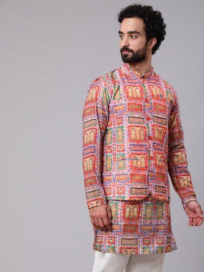 Men's Red Green Digital Print Nehru Jacket