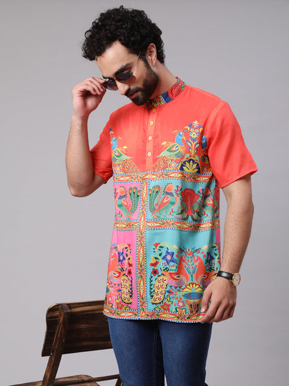 Men's Orange Yellow Digital Print Short Kurta