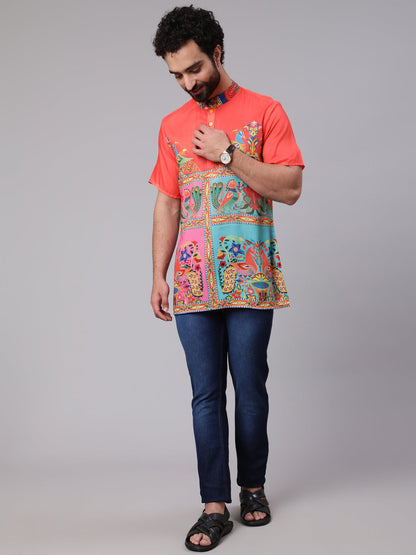 Men's Orange Yellow Digital Print Short Kurta