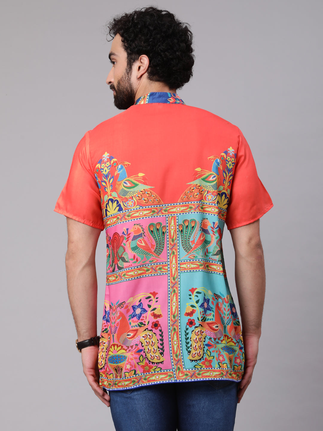 Men's Orange Yellow Digital Print Short Kurta