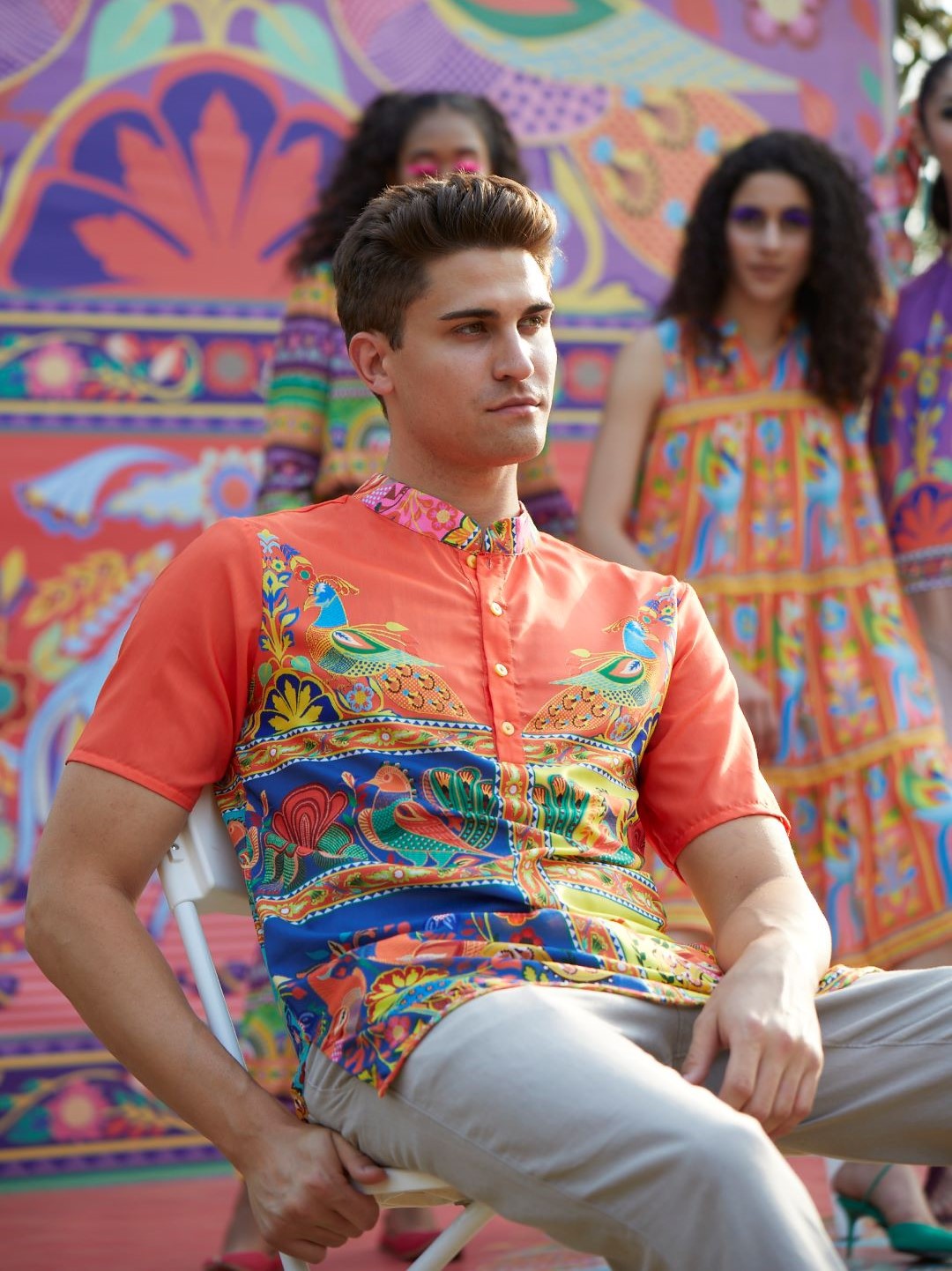 Men's Orange Yellow Digital Print Short Kurta