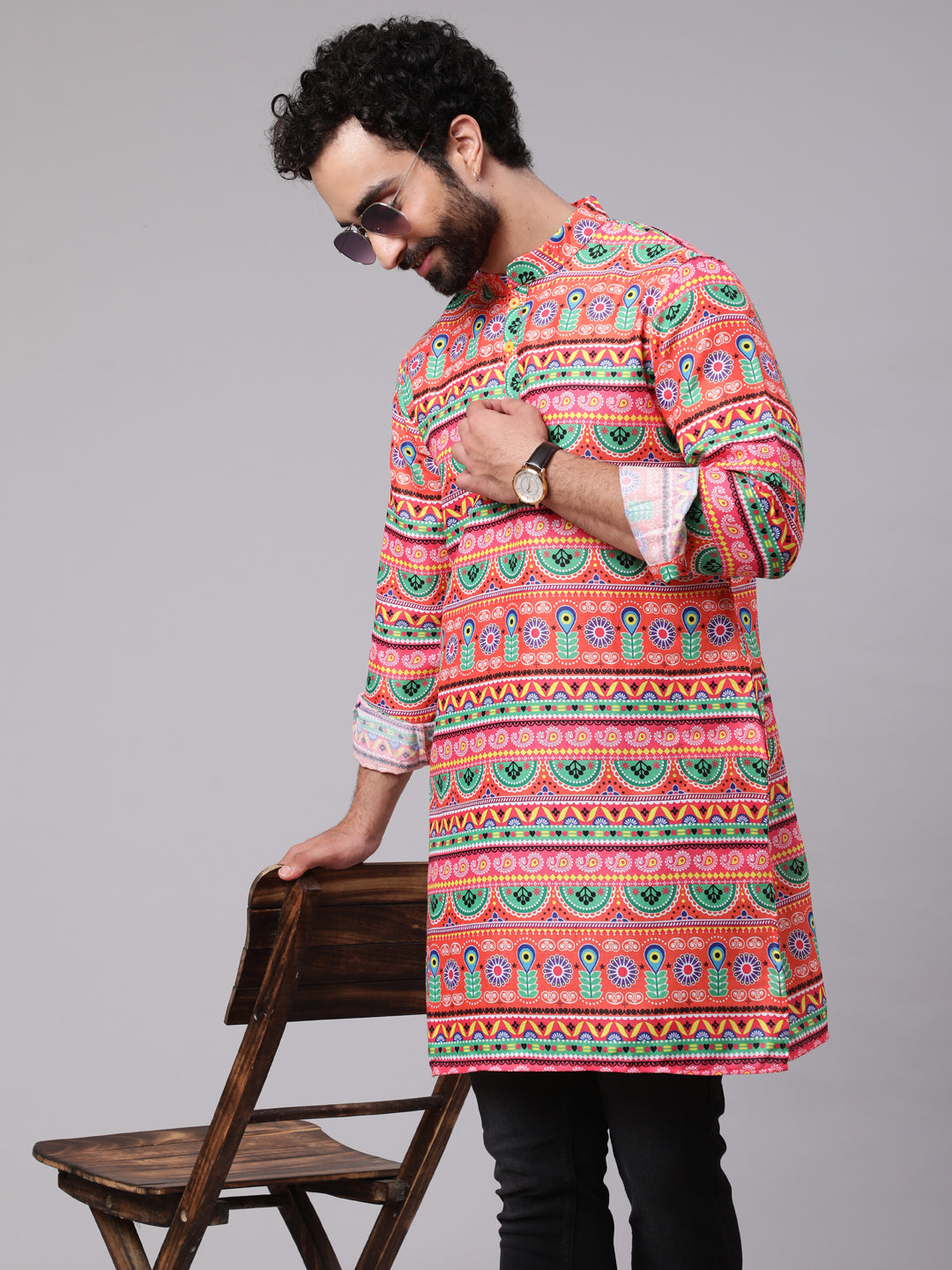 Men's Orange Green Floral Print Kurta