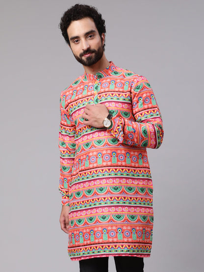 Men's Orange Green Floral Print Kurta