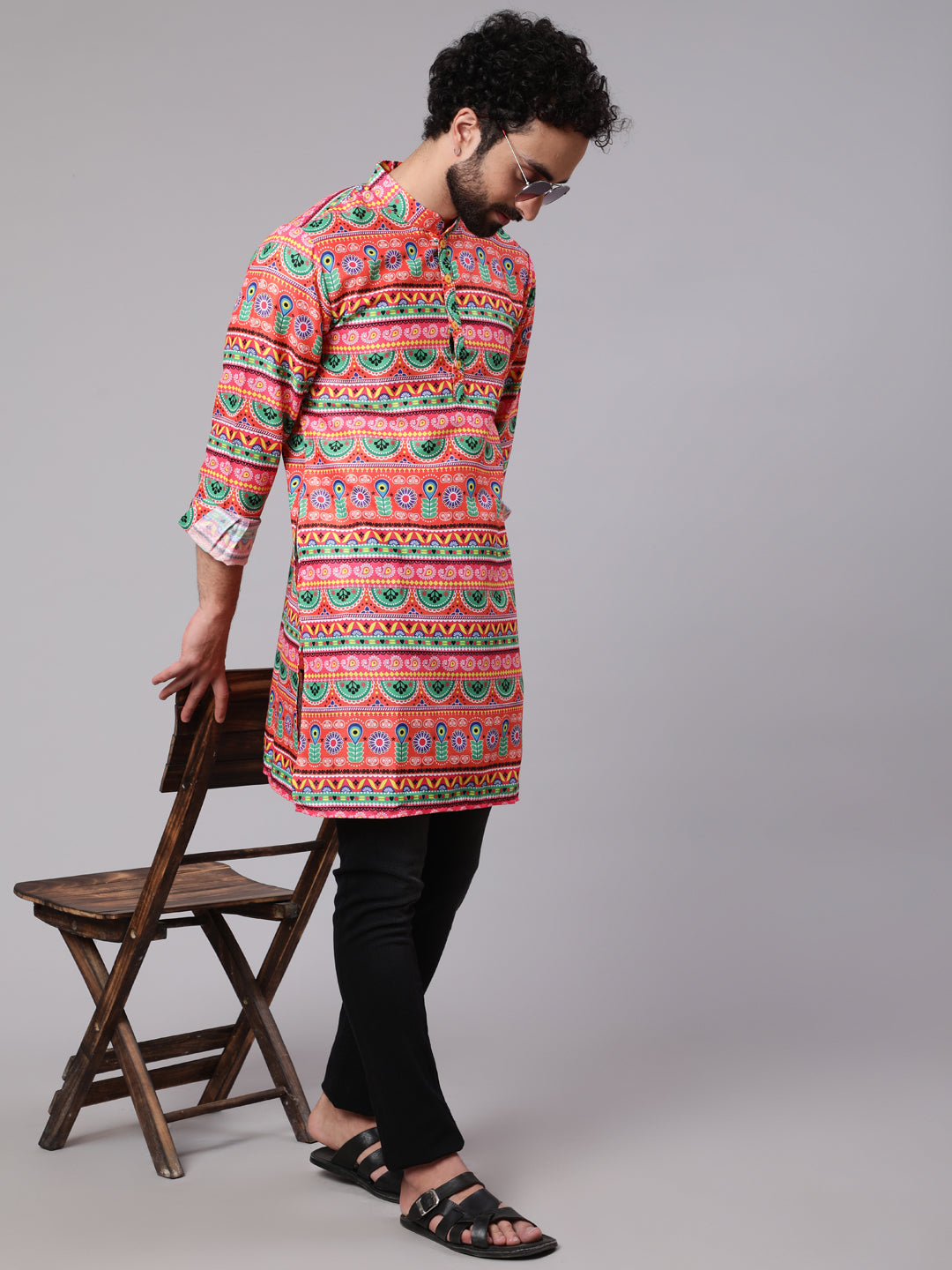 Men's Orange Green Floral Print Kurta