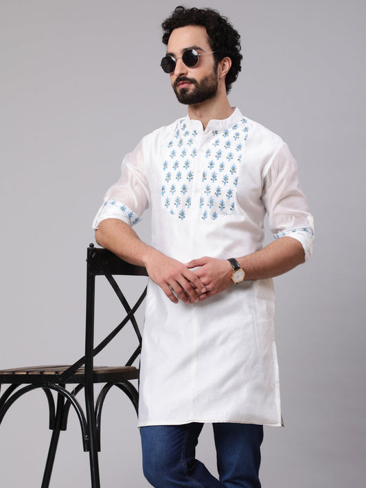 Men's White & Blue Hand Block Print Kurta