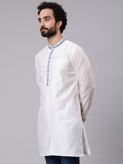 Men's White Kurta With Embroidered Details