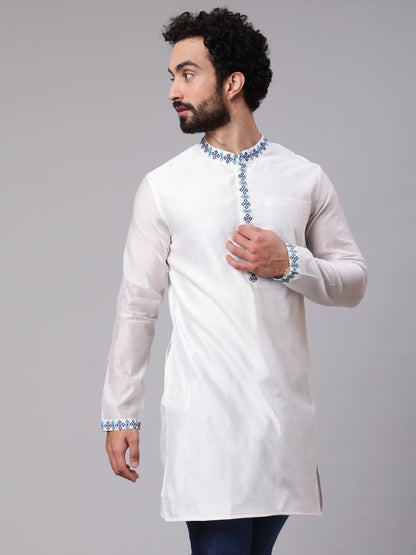 Men's White Kurta With Embroidered Details