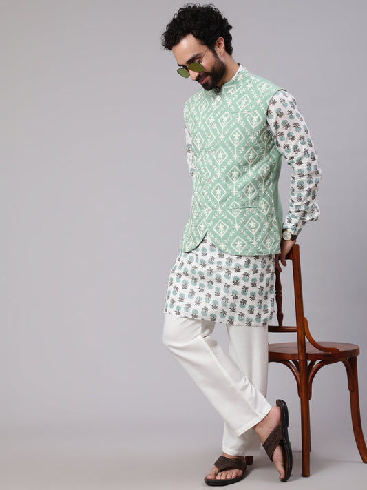 Men's Pastel Green Embroidered Nehru Jacket