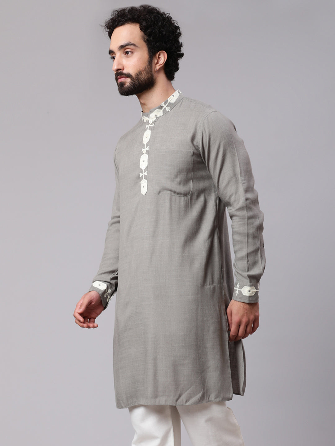 Men's Grey Kurta With Embroidered Details