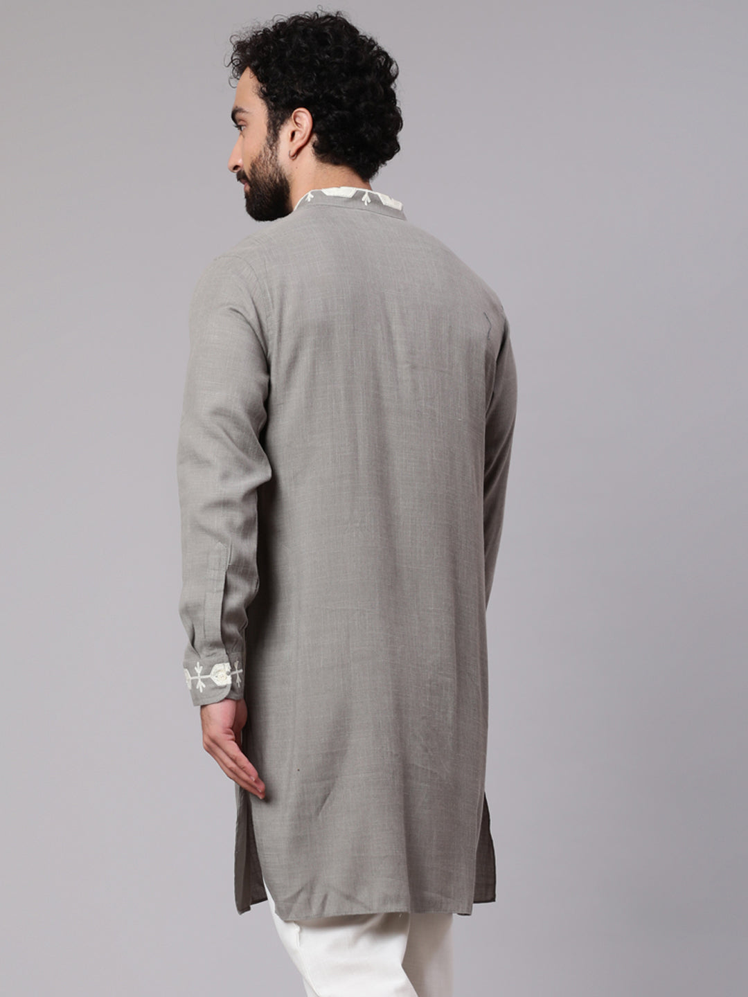 Men's Grey Kurta With Embroidered Details