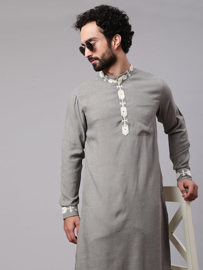 Men's Grey Kurta With Embroidered Details