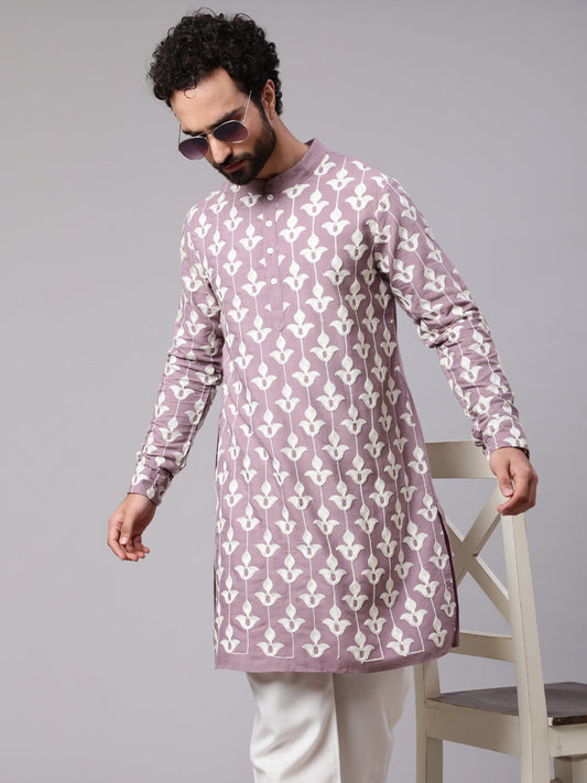 Men's Mauve Embroidered Long Kurta