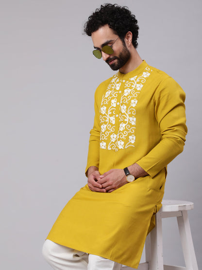 Men's Mustard Embroidered Long Kurta