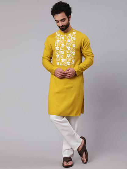 Men's Mustard Embroidered Long Kurta