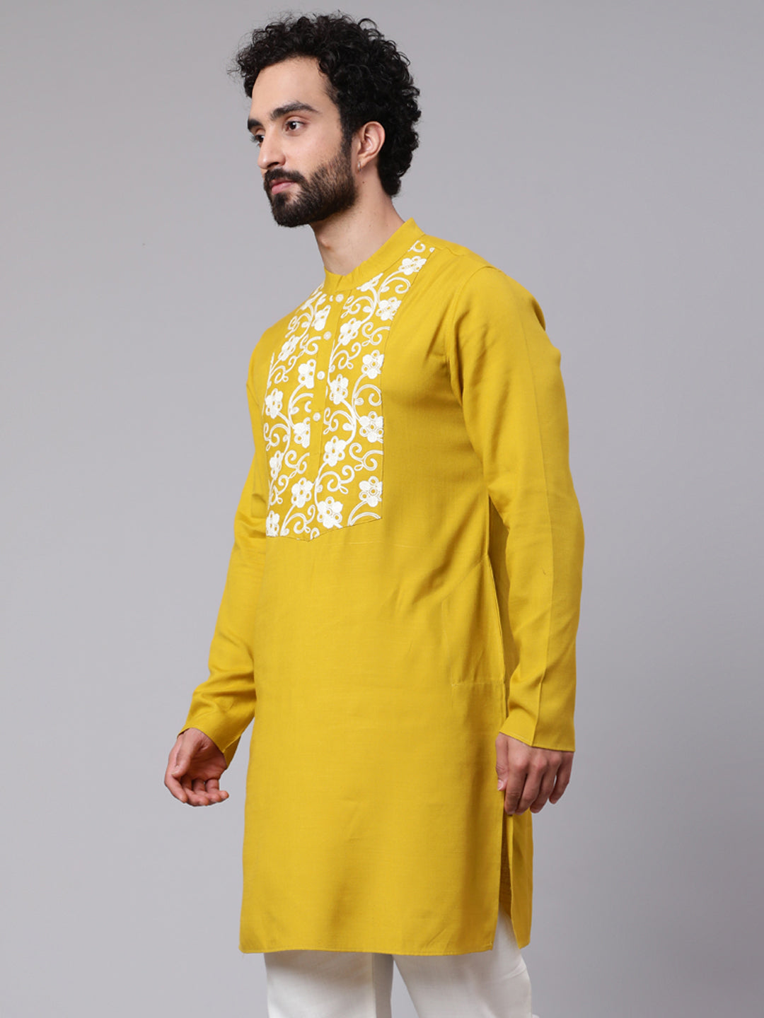 Men's Mustard Embroidered Long Kurta