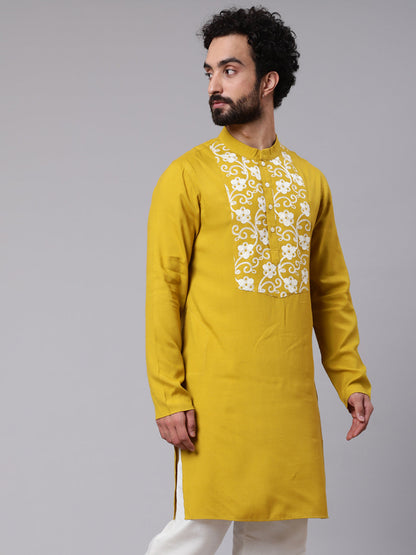 Men's Mustard Embroidered Long Kurta