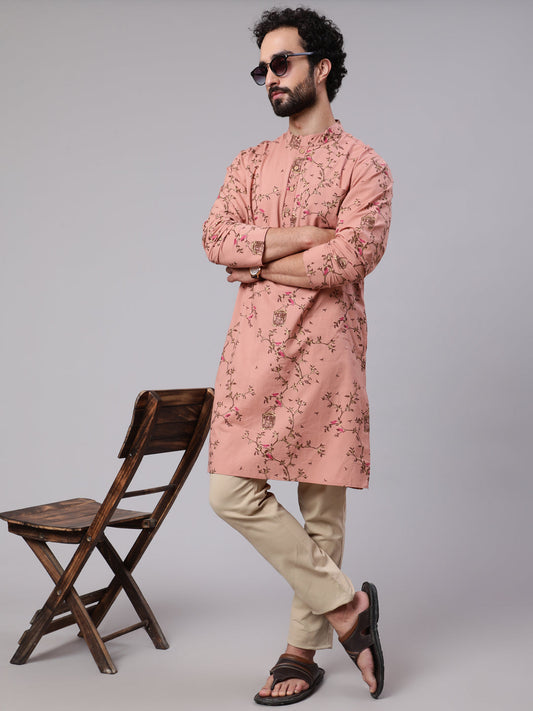 Men's Brown Leaf Print Long Kurta