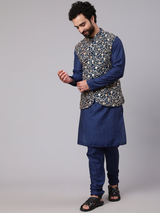 Men's Blue Kurta Churidar With Embroidered Nehru Jacket