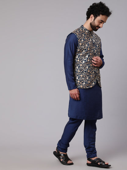 Men's Blue Kurta Churidar With Embroidered Nehru Jacket