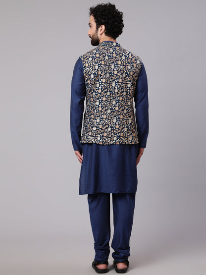 Men's Blue Kurta Churidar With Embroidered Nehru Jacket