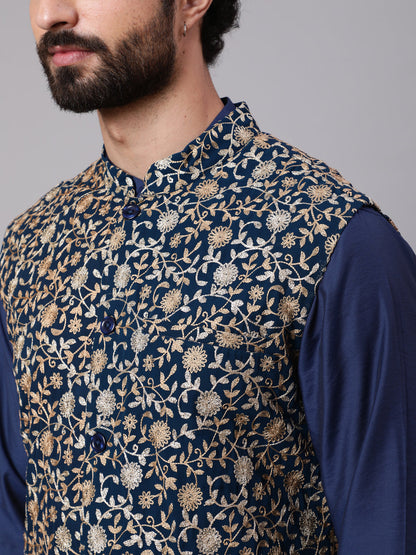 Men's Blue Kurta Churidar With Embroidered Nehru Jacket