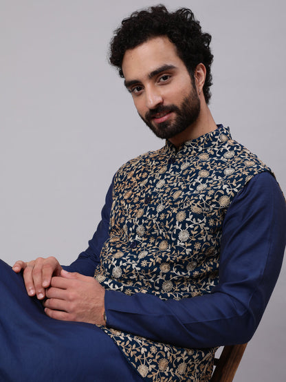 Men's Blue Kurta Churidar With Embroidered Nehru Jacket