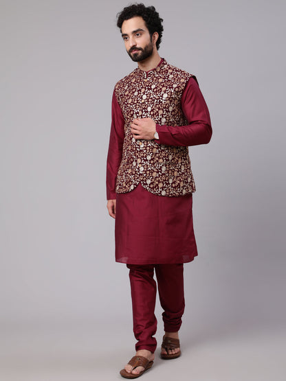 Men's Wine Kurta Churidar With Embroidered Nehru Jacket