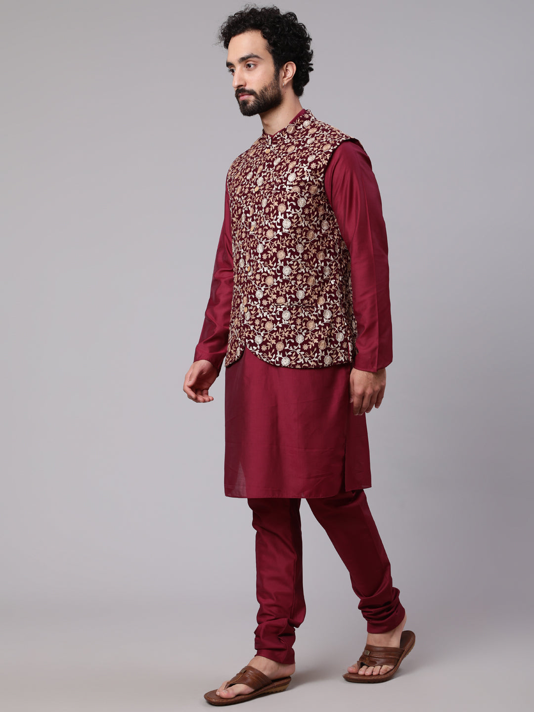 Men's Wine Kurta Churidar With Embroidered Nehru Jacket