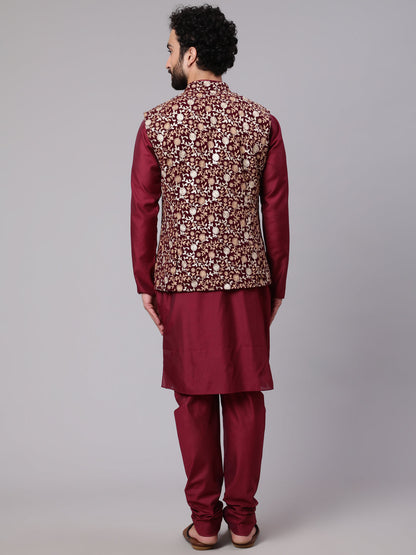 Men's Wine Kurta Churidar With Embroidered Nehru Jacket