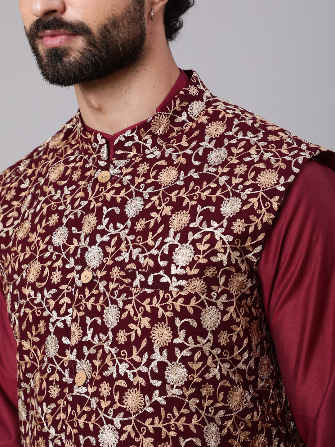 Men's Wine Kurta Churidar With Embroidered Nehru Jacket