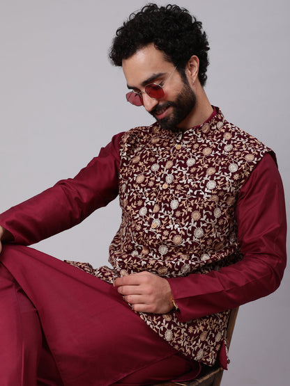 Men's Wine Kurta Churidar With Embroidered Nehru Jacket