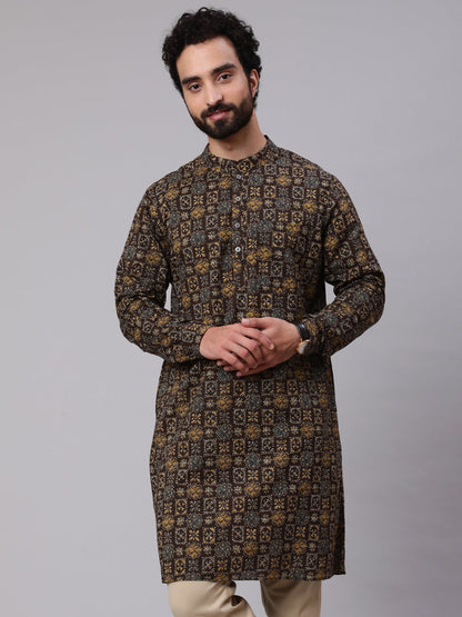 Men's Olive Abstract Print Long Kurta