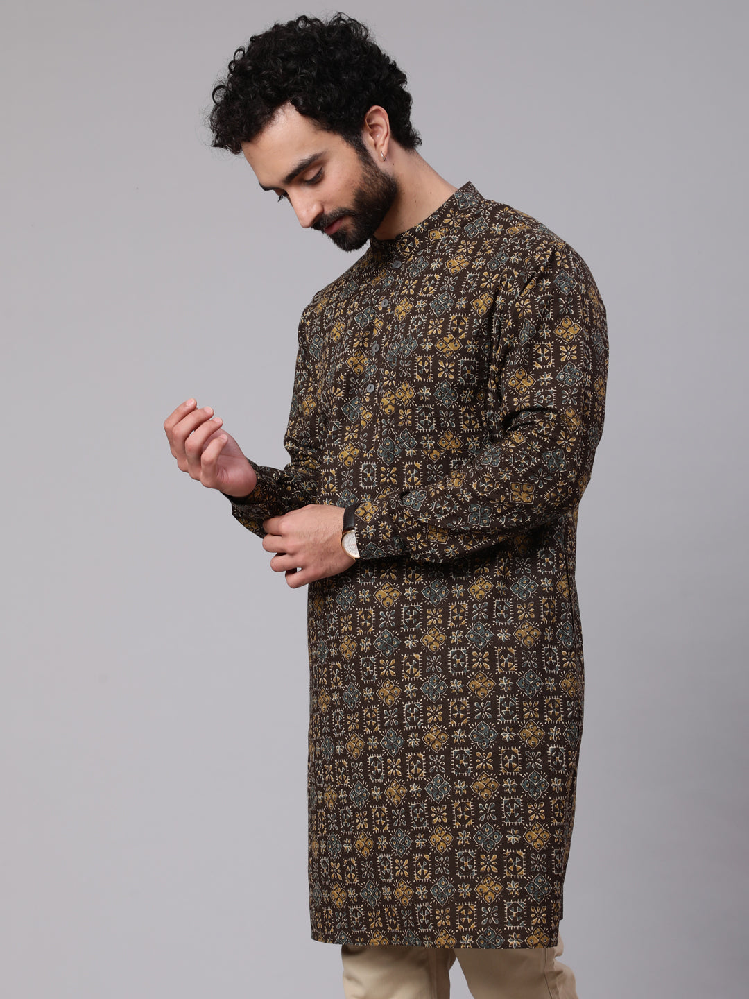 Men's Olive Abstract Print Long Kurta