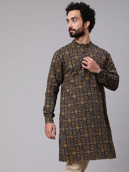 Men's Olive Abstract Print Long Kurta