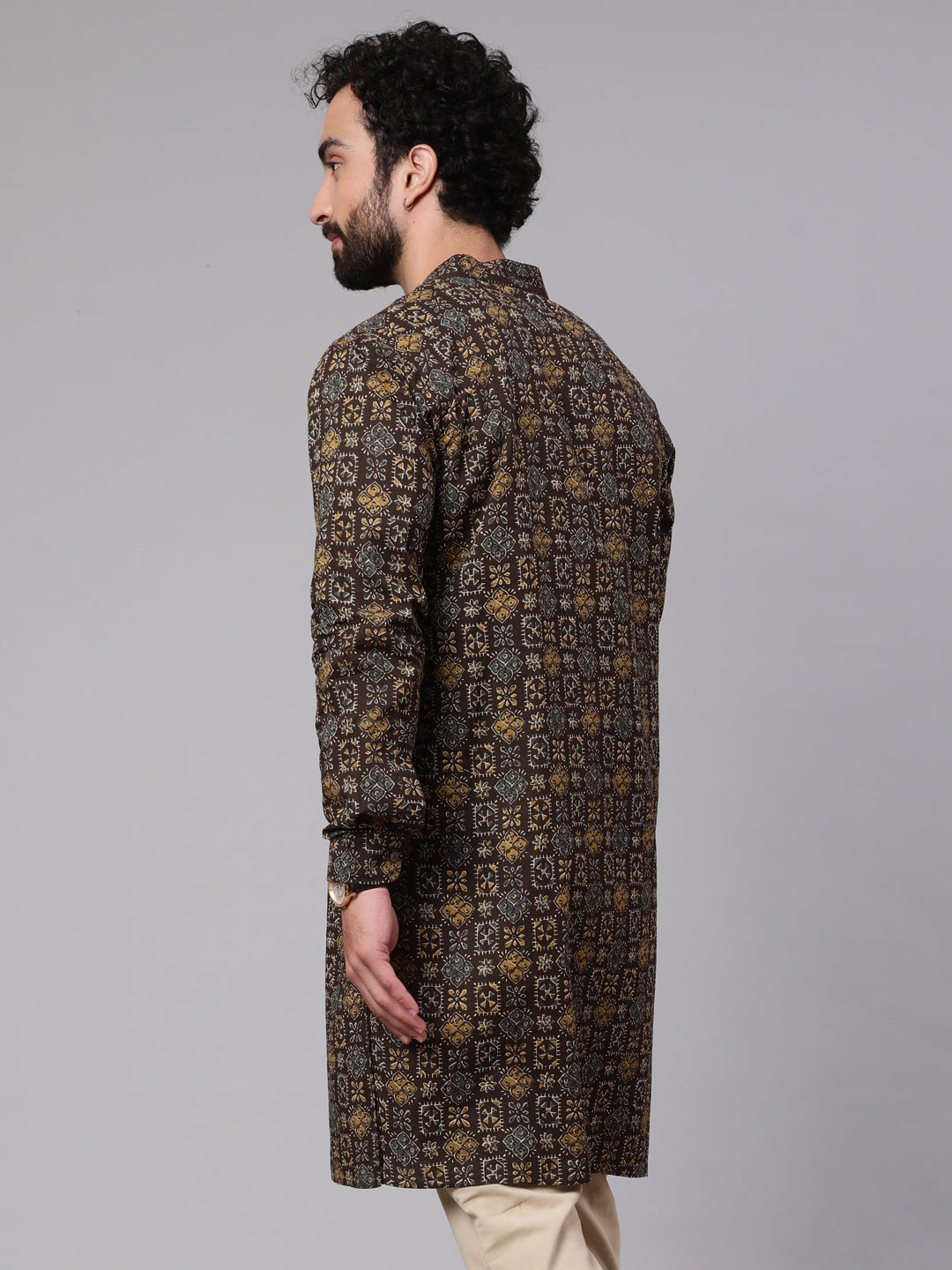 Men's Olive Abstract Print Long Kurta