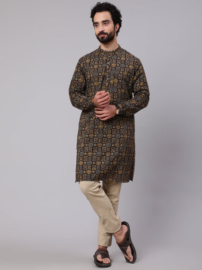 Men's Olive Abstract Print Long Kurta