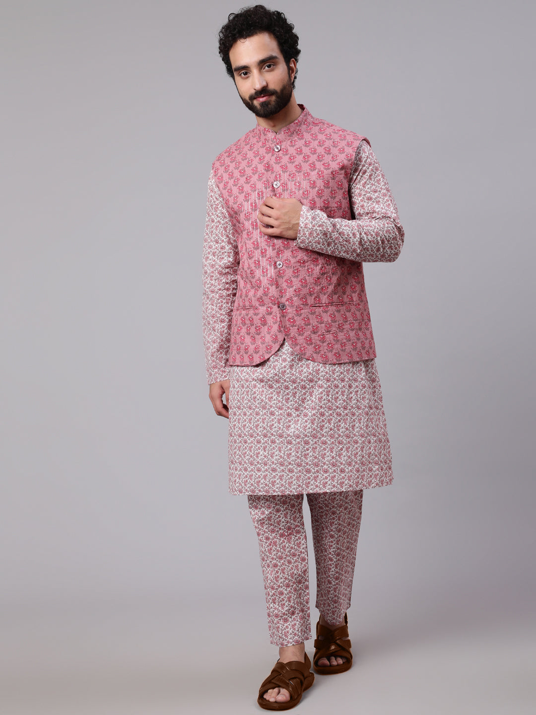 Men's Mauve White Floral Print Kurta Pyjama With Nehru Jacket