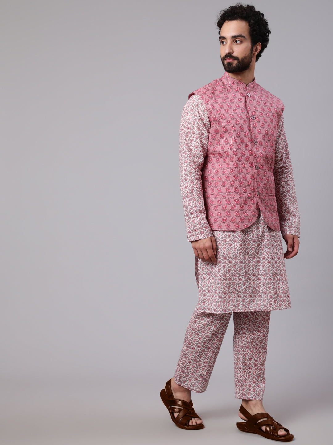 Men's Mauve White Floral Print Kurta Pyjama With Nehru Jacket