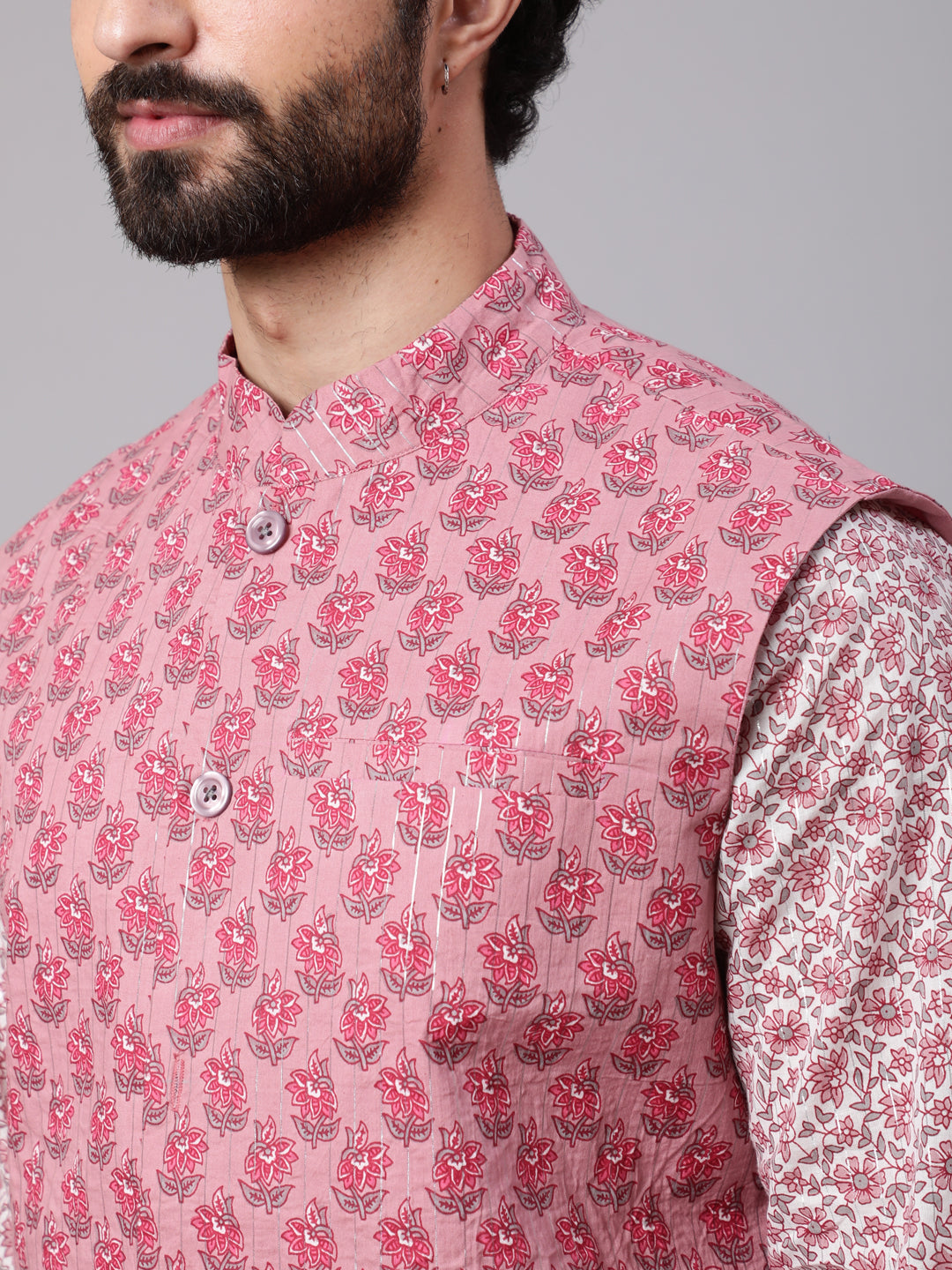 Men's Mauve White Floral Print Kurta Pyjama With Nehru Jacket