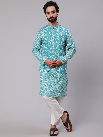 Men's Turquoise Blue Printed Kurta With Nehru Jacket